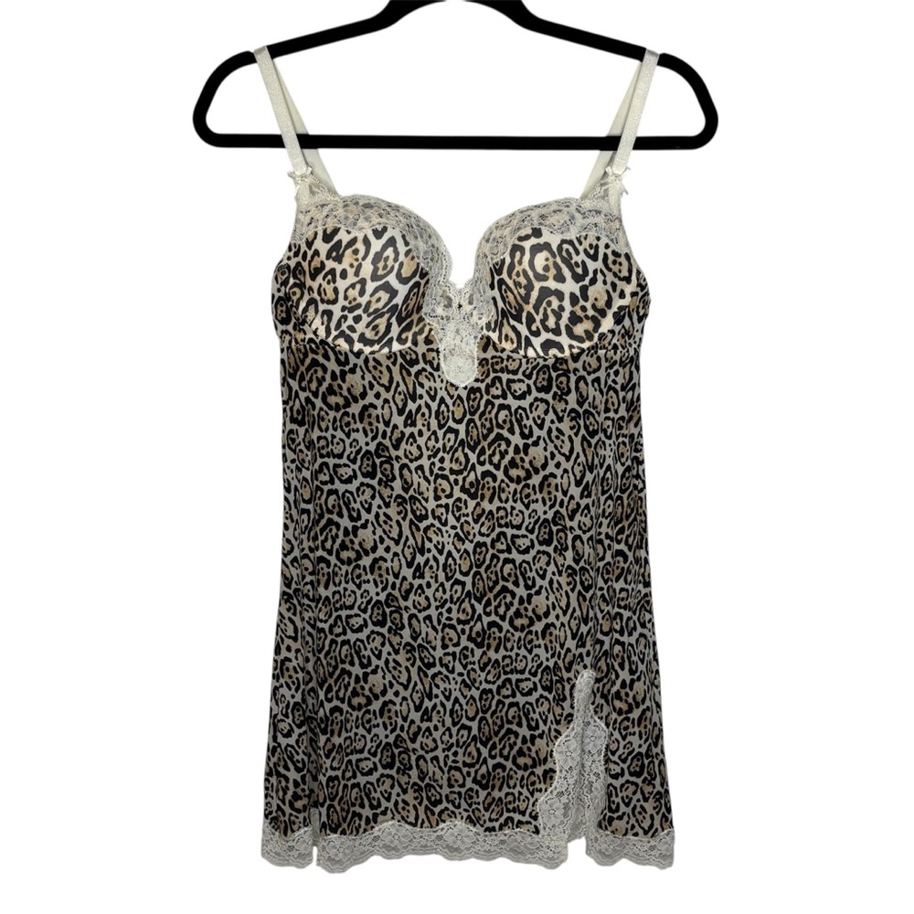 Victoria’s Secret Leopard Print Lace Trim Chemise Size 36C Babydoll Underwire